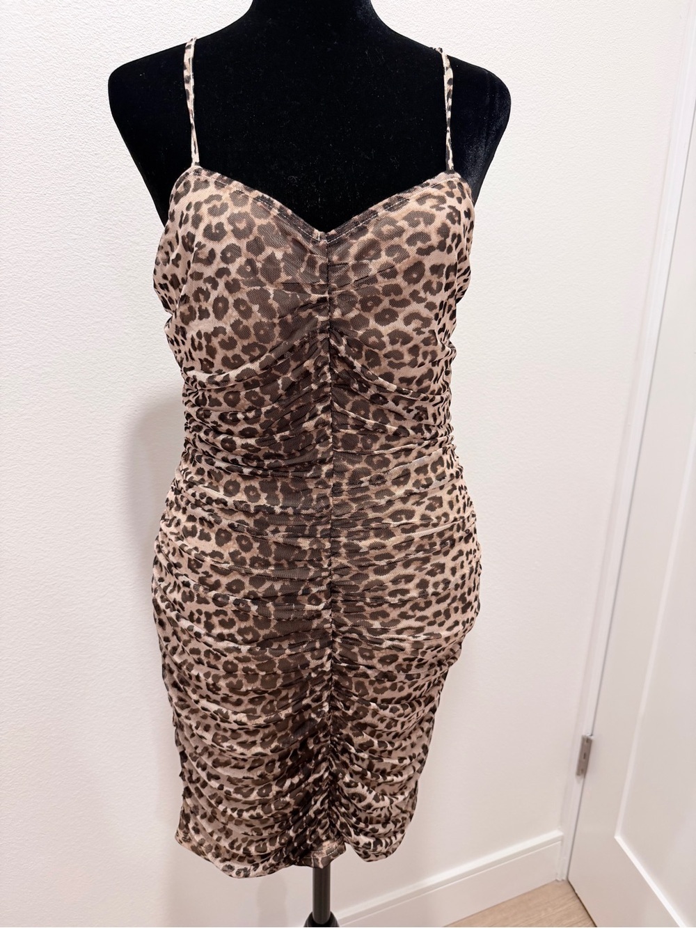 AQUA Leopard Print Ruched Spaghetti Strap Dress - Brown/Tan